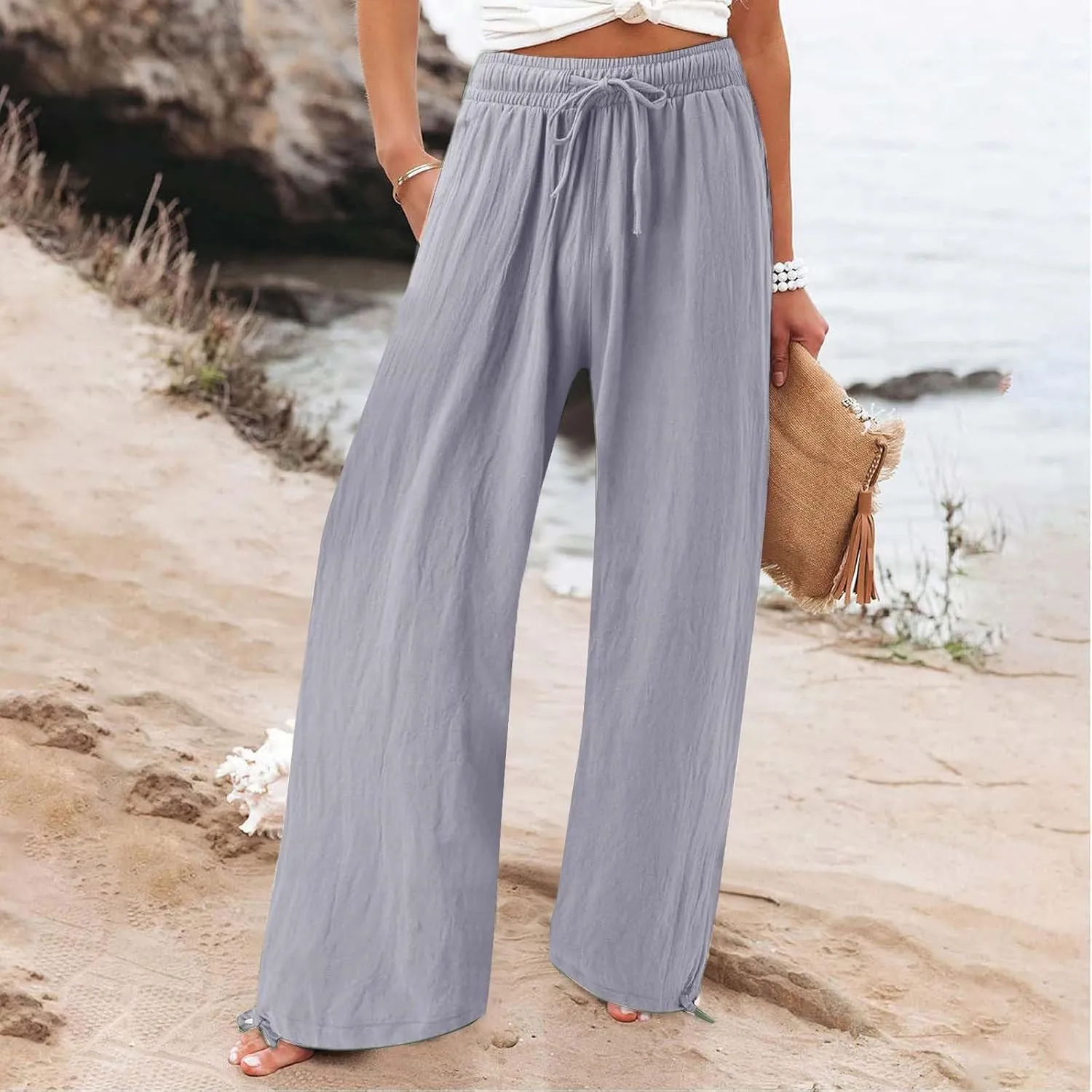 BZGTZT Women's Summer Wide Leg Pants Casual Loose Drawstring High Waist Palazzo Pants Lightweight Trousers with Pockets