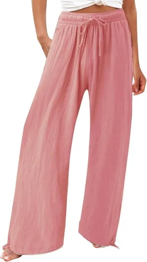 BZGTZT Women's Summer Wide Leg Pants Casual Loose Drawstring High Waist Palazzo Pants Lightweight Trousers with Pockets