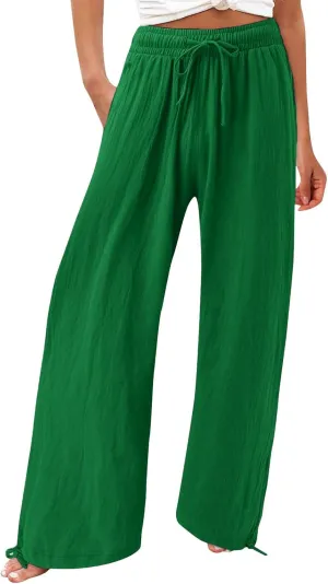 BZGTZT Women's Summer Wide Leg Pants Casual Loose Drawstring High Waist Palazzo Pants Lightweight Trousers with Pockets