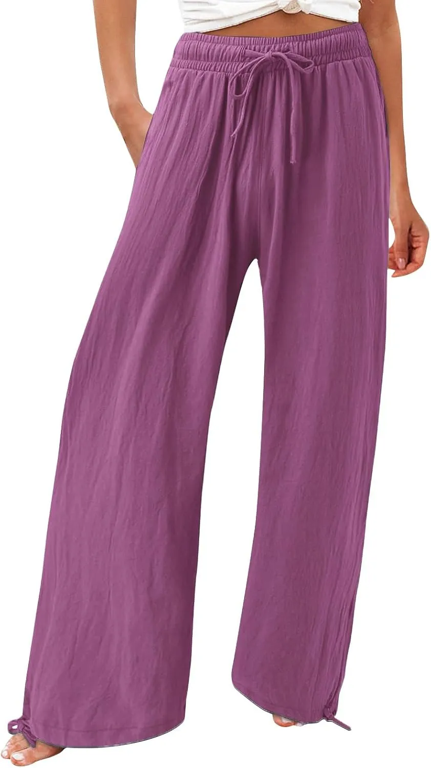 BZGTZT Women's Summer Wide Leg Pants Casual Loose Drawstring High Waist Palazzo Pants Lightweight Trousers with Pockets
