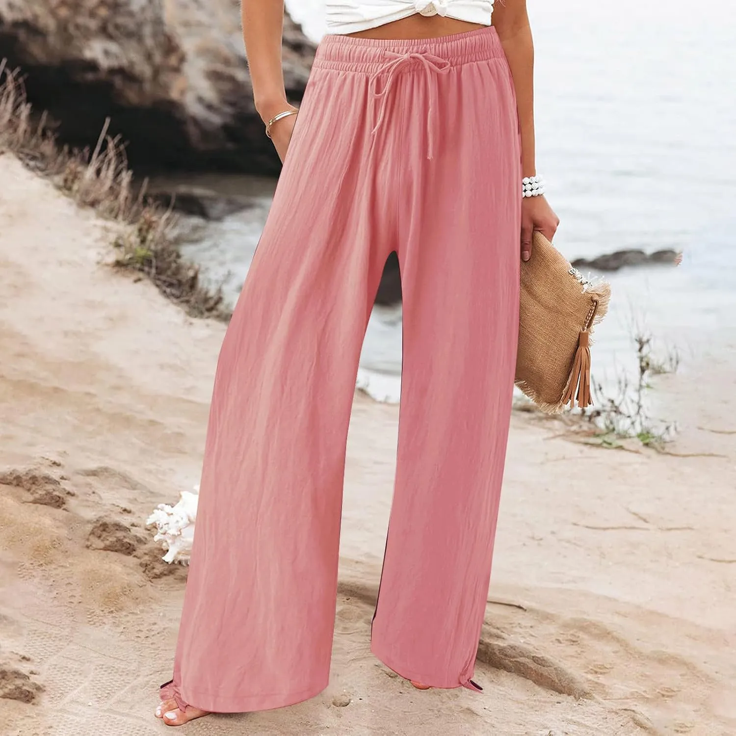 BZGTZT Women's Summer Wide Leg Pants Casual Loose Drawstring High Waist Palazzo Pants Lightweight Trousers with Pockets