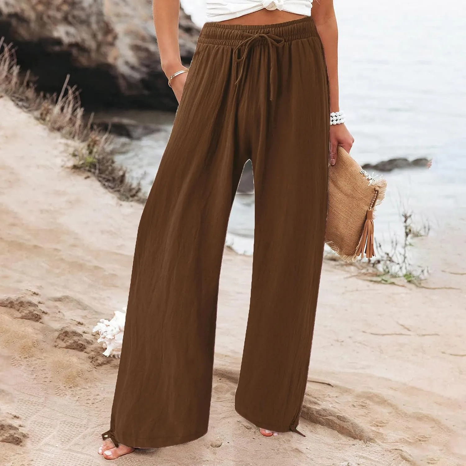 BZGTZT Women's Summer Wide Leg Pants Casual Loose Drawstring High Waist Palazzo Pants Lightweight Trousers with Pockets