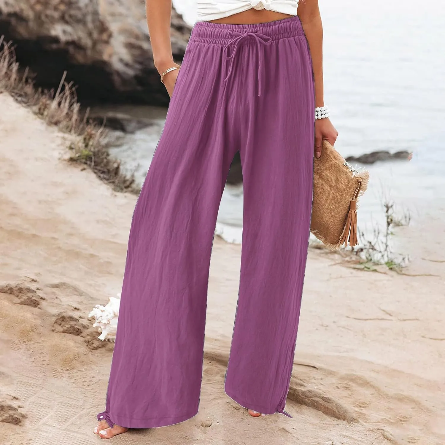 BZGTZT Women's Summer Wide Leg Pants Casual Loose Drawstring High Waist Palazzo Pants Lightweight Trousers with Pockets