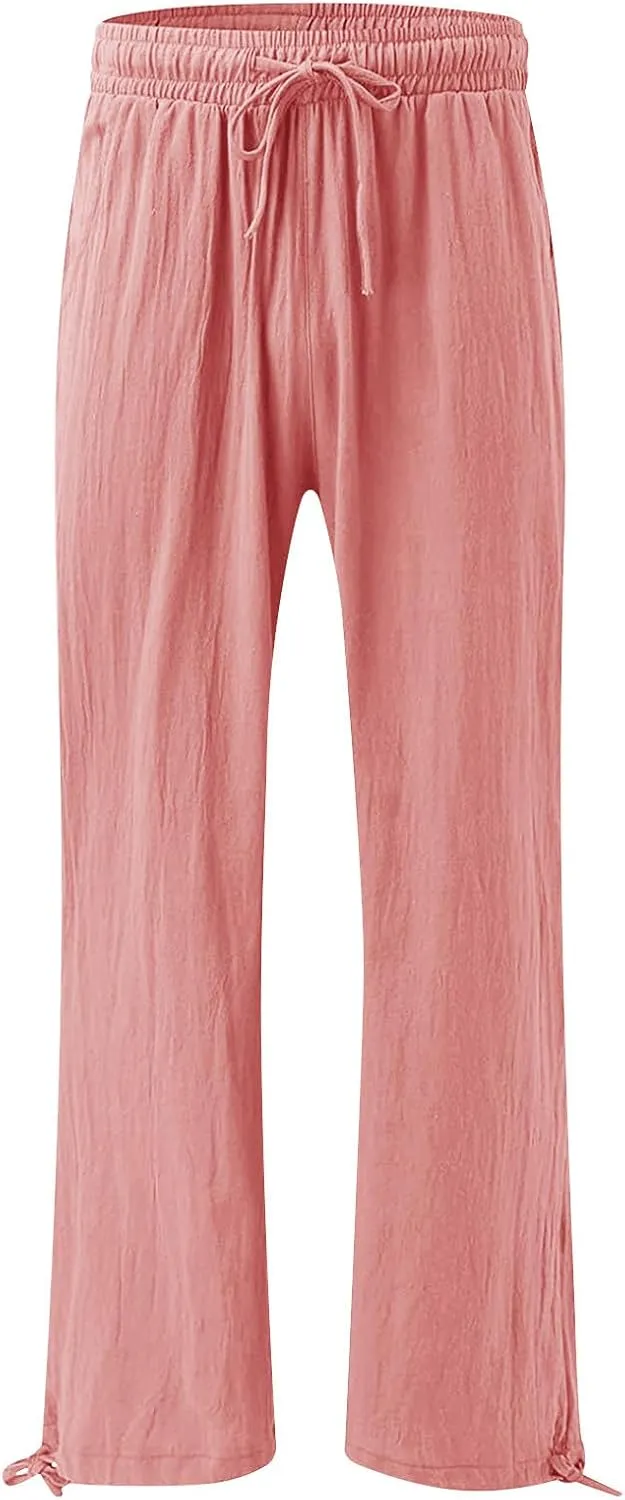 BZGTZT Women's Summer Wide Leg Pants Casual Loose Drawstring High Waist Palazzo Pants Lightweight Trousers with Pockets