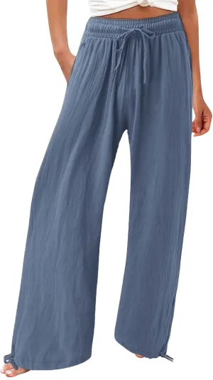 BZGTZT Women's Summer Wide Leg Pants Casual Loose Drawstring High Waist Palazzo Pants Lightweight Trousers with Pockets