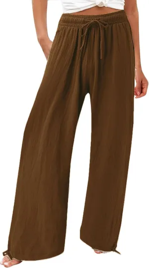 BZGTZT Women's Summer Wide Leg Pants Casual Loose Drawstring High Waist Palazzo Pants Lightweight Trousers with Pockets