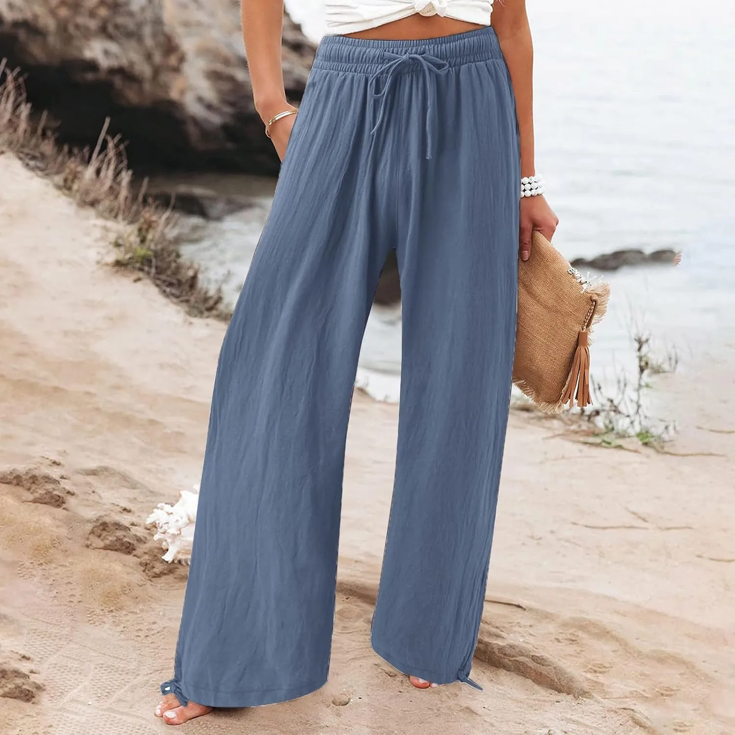 BZGTZT Women's Summer Wide Leg Pants Casual Loose Drawstring High Waist Palazzo Pants Lightweight Trousers with Pockets
