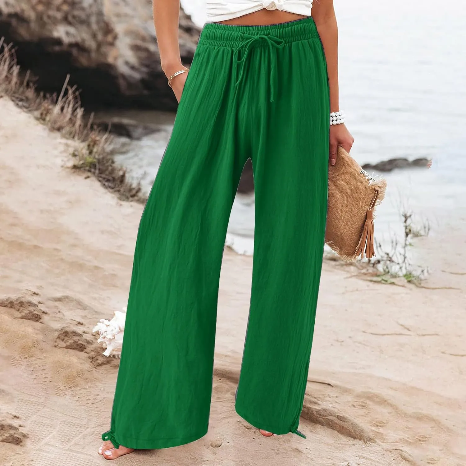 BZGTZT Women's Summer Wide Leg Pants Casual Loose Drawstring High Waist Palazzo Pants Lightweight Trousers with Pockets