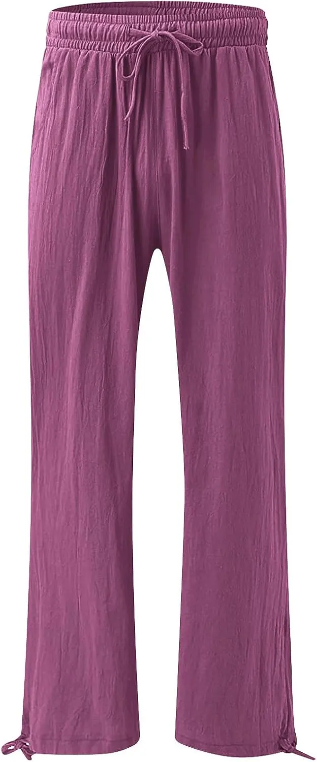BZGTZT Women's Summer Wide Leg Pants Casual Loose Drawstring High Waist Palazzo Pants Lightweight Trousers with Pockets