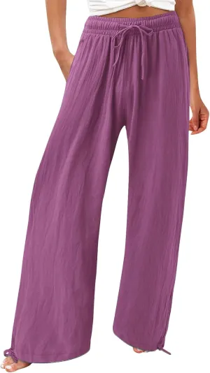 BZGTZT Women's Summer Wide Leg Pants Casual Loose Drawstring High Waist Palazzo Pants Lightweight Trousers with Pockets
