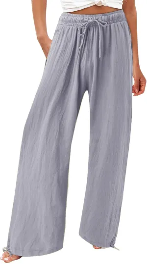 BZGTZT Women's Summer Wide Leg Pants Casual Loose Drawstring High Waist Palazzo Pants Lightweight Trousers with Pockets