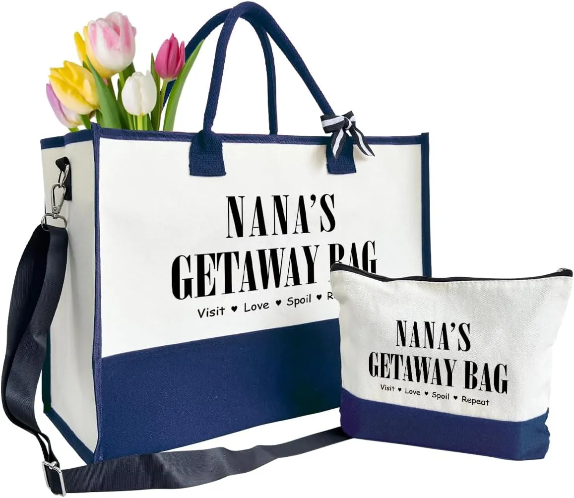 Canvas Tote Bag for Grandma, Nana's Getaway Bag Gifts, Grandma Gifts, Cosmetic Bag, Beach Bag and Makeup bag, Travel Bag Gifts for Nana, Canvas Tote Bag With Zipper, Mothers Day Christmas Gifts A22