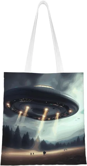 Canvas Tote Bag for Women Shoulder Tote Purse Reusable Grocery Bag UFO Landing Aesthetic Shopping Bags
