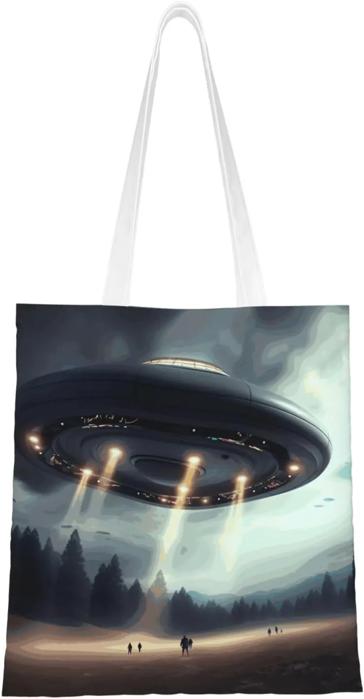 Canvas Tote Bag for Women Shoulder Tote Purse Reusable Grocery Bag UFO Landing Aesthetic Shopping Bags