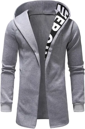 Cardigan Jacket for Men Trendy Letter Print Mid-Length Trench Coat Casual Hooded Long Sleeve Comfy Warm Coat Outfits
