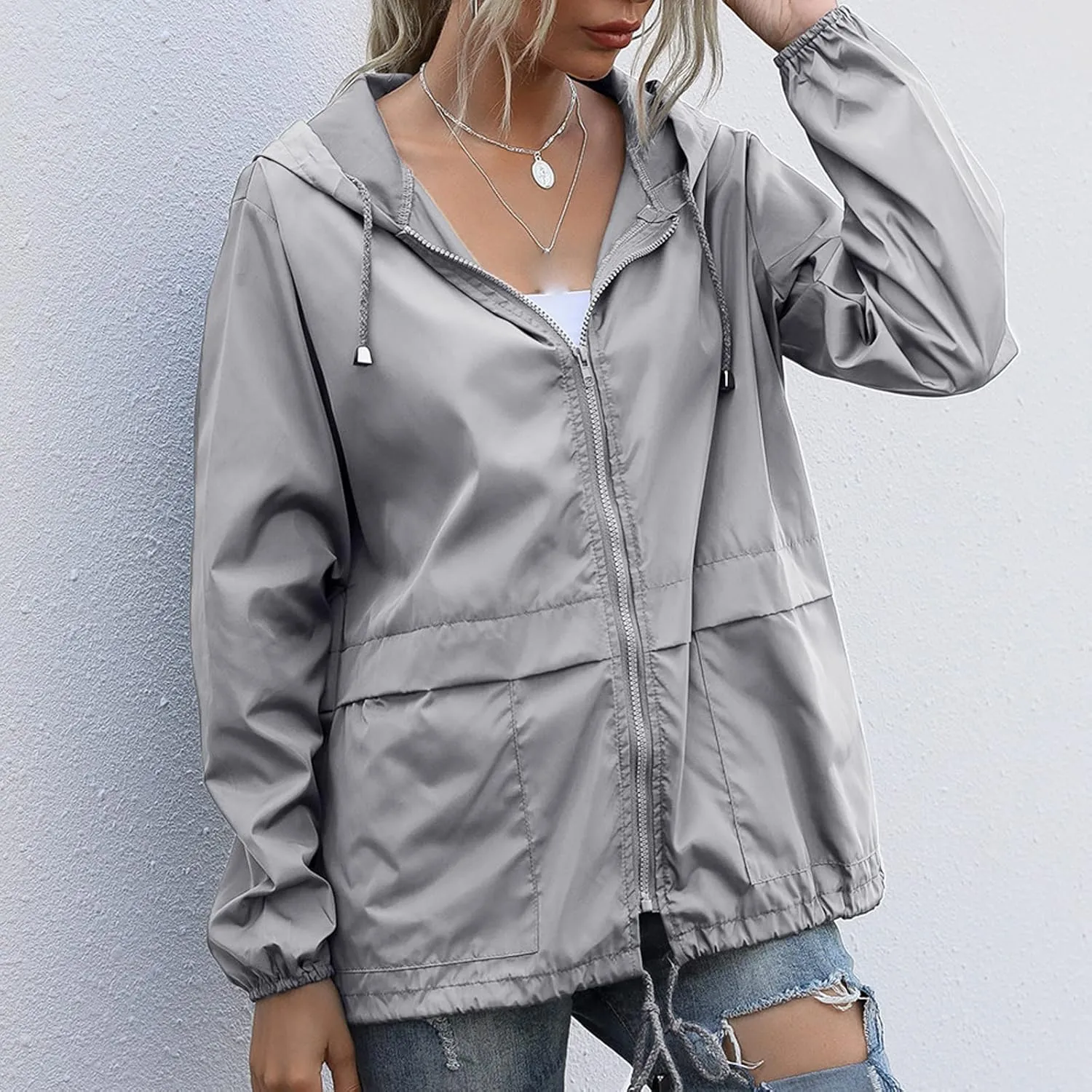 Cdiecer Women's Raincoats Lightweight Rain Jacket Waterproof Windproof Rain Coat Adjustable Hooded Windbreaker with Pockets