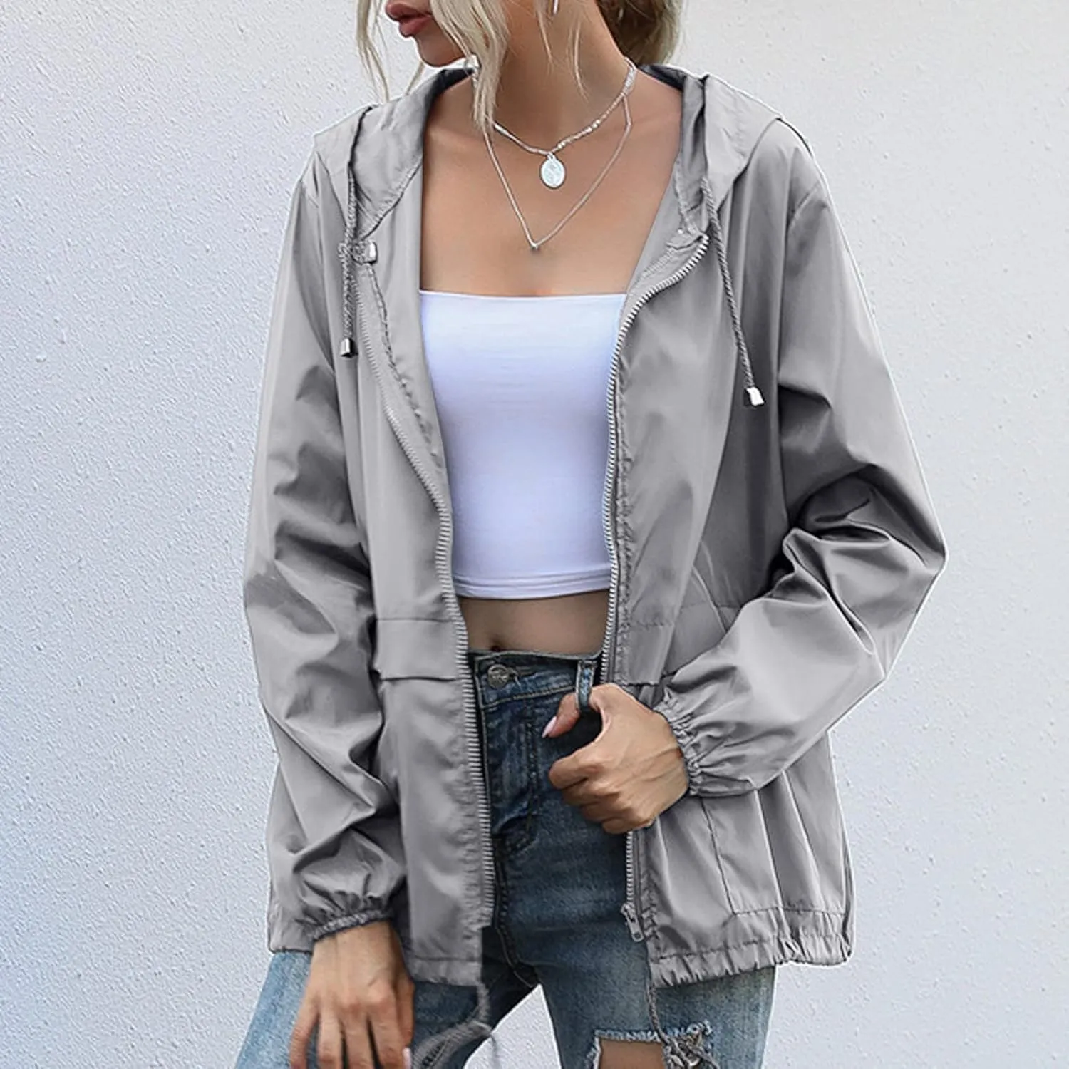 Cdiecer Women's Raincoats Lightweight Rain Jacket Waterproof Windproof Rain Coat Adjustable Hooded Windbreaker with Pockets