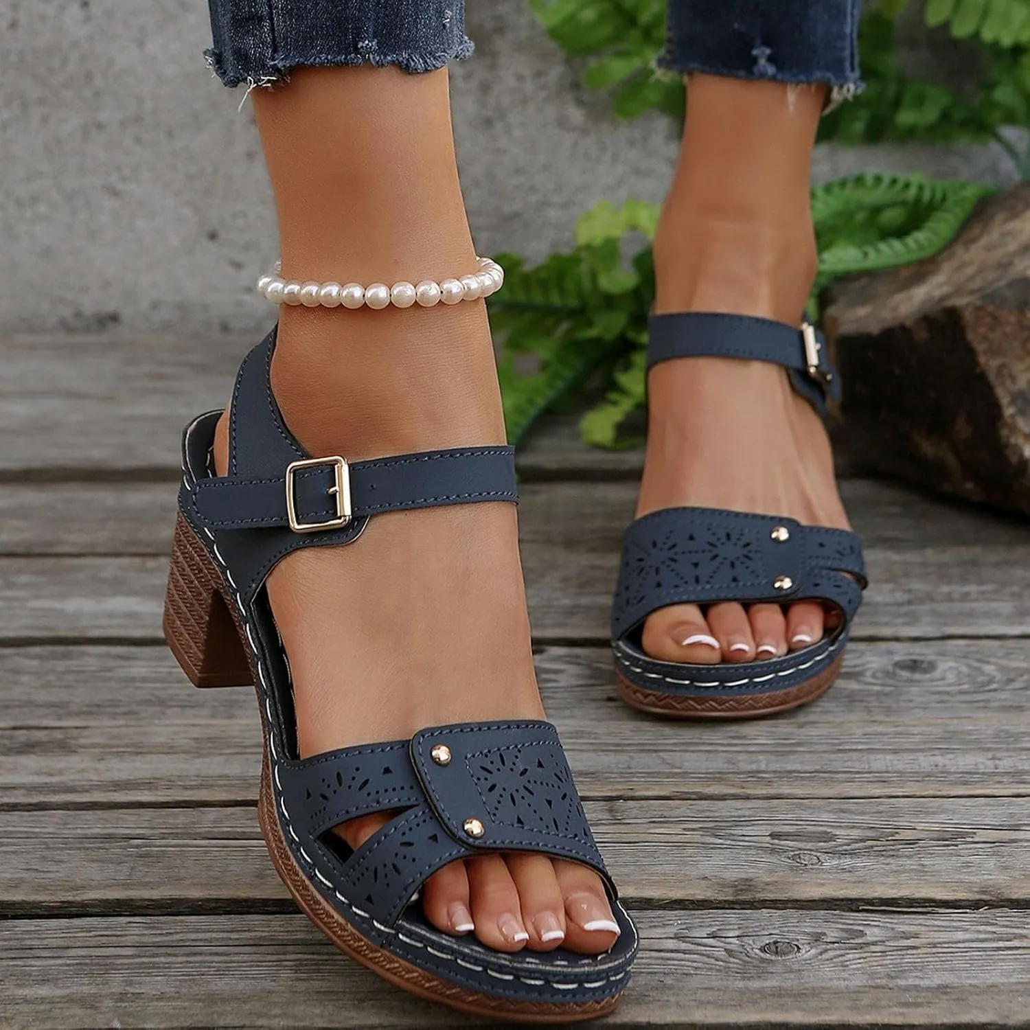Chunky Heels for Women Dressy Casual Hollow Out Open Toe Block Heels Adjustable Ankle Strap Low Heel Sandals Work Office Shoes