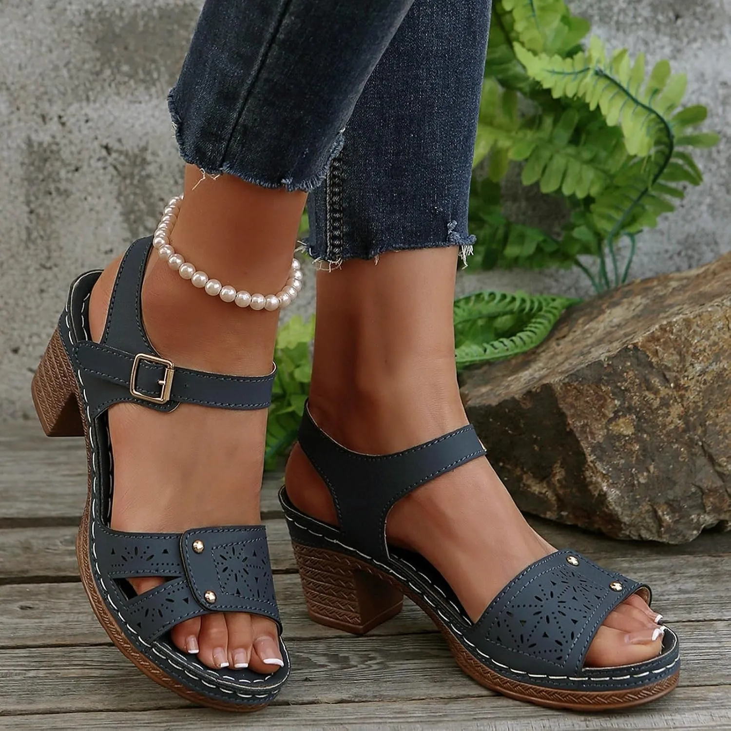 Chunky Heels for Women Dressy Casual Hollow Out Open Toe Block Heels Adjustable Ankle Strap Low Heel Sandals Work Office Shoes