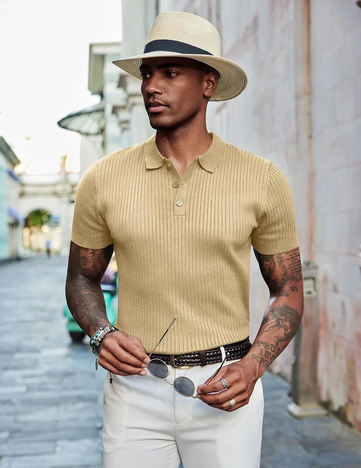 COOFANDY Mens Knit Polo Shirts Short Sleeve Golf Shirts Button Down Casual Polo T Shirts Textured Slim Fit Pullover