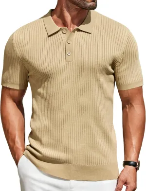 COOFANDY Mens Knit Polo Shirts Short Sleeve Golf Shirts Button Down Casual Polo T Shirts Textured Slim Fit Pullover