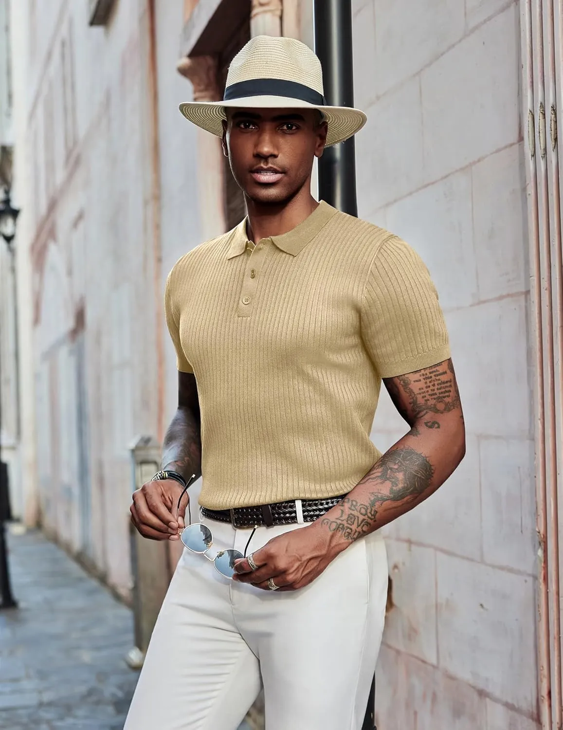 COOFANDY Mens Knit Polo Shirts Short Sleeve Golf Shirts Button Down Casual Polo T Shirts Textured Slim Fit Pullover