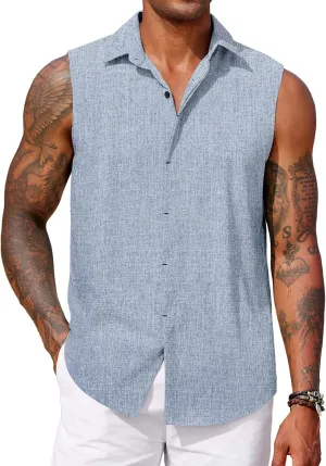 COOFANDY Mens Sleeveless Button Down Beach Shirts Casual Summer Tank Tops Collared Imitation Linen Tank Shirt