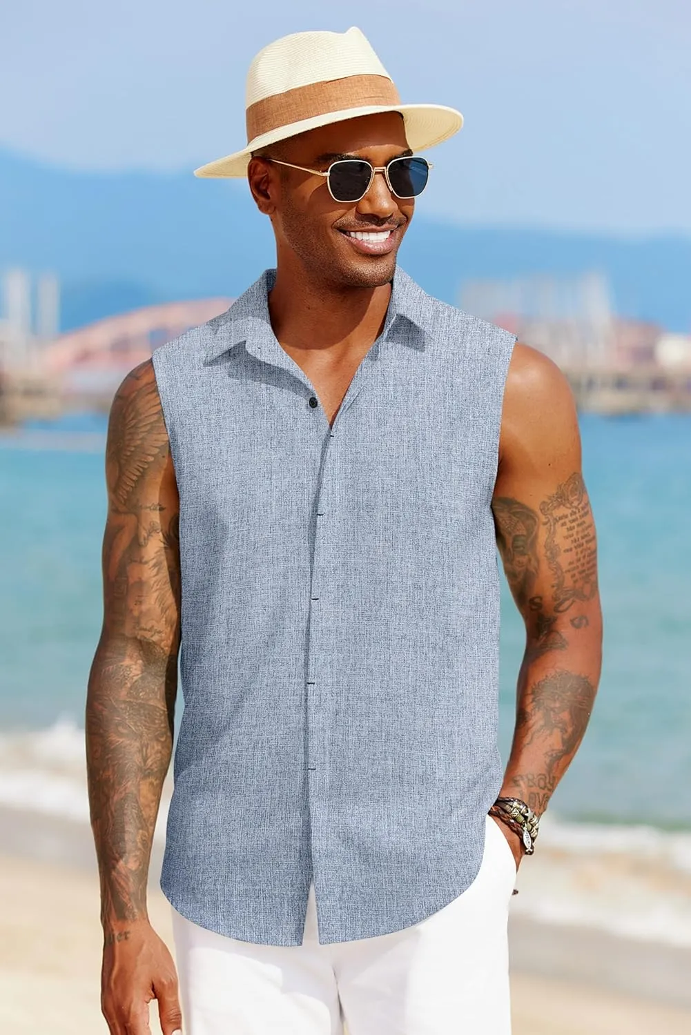 COOFANDY Mens Sleeveless Button Down Beach Shirts Casual Summer Tank Tops Collared Imitation Linen Tank Shirt