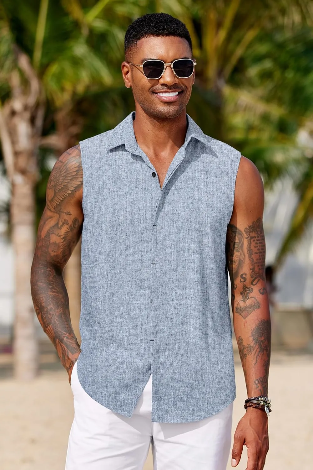COOFANDY Mens Sleeveless Button Down Beach Shirts Casual Summer Tank Tops Collared Imitation Linen Tank Shirt