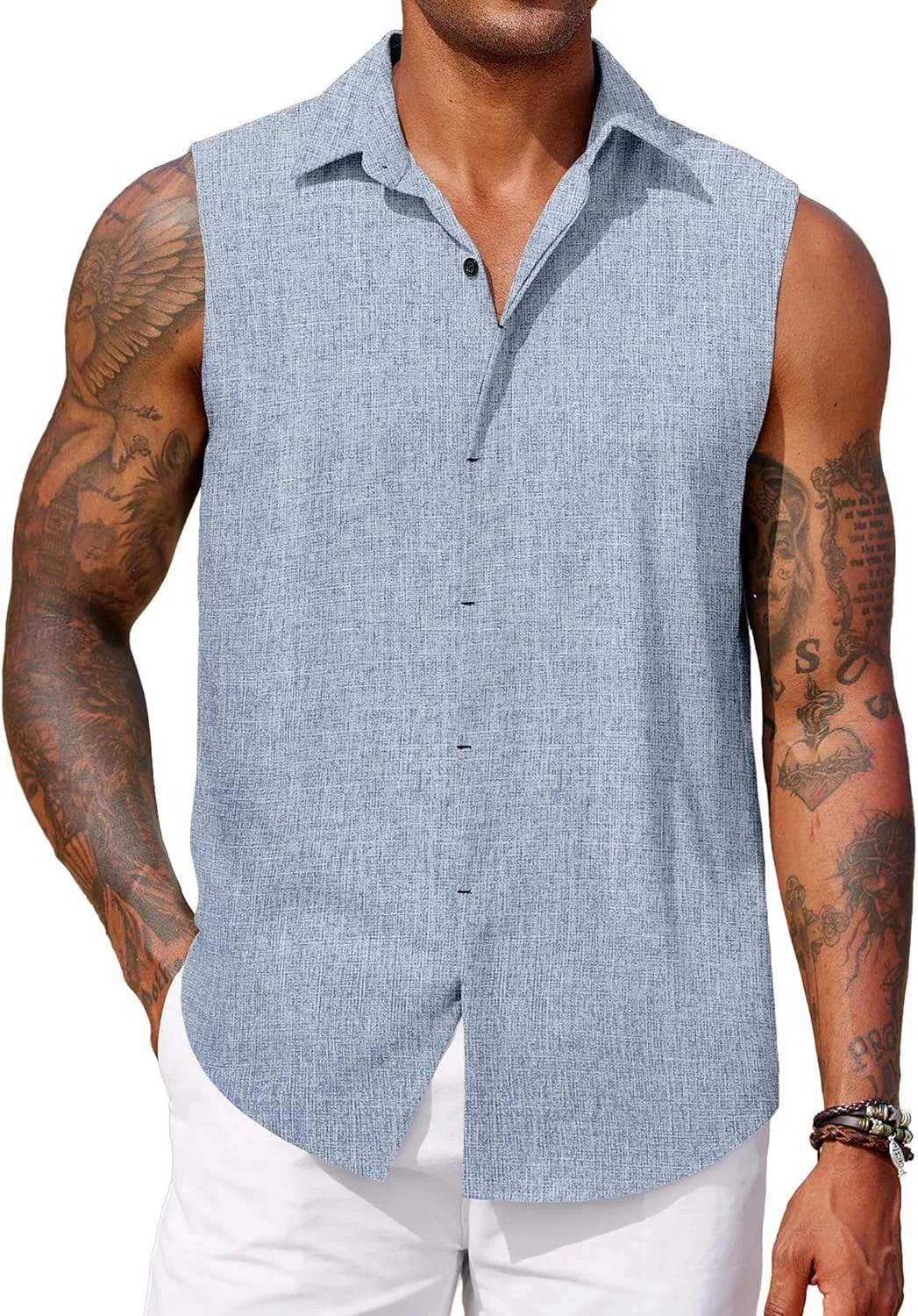 COOFANDY Mens Sleeveless Button Down Beach Shirts Casual Summer Tank Tops Collared Imitation Linen Tank Shirt