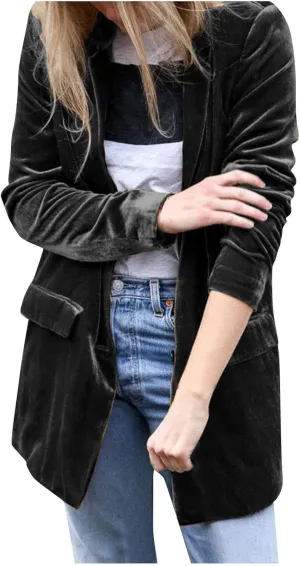 cooki Velvet Blazer Jackets for Women Velvet Trench Coat Open Front Cardigan with Pockets Long Lapel Winter Velvet Soft Coat