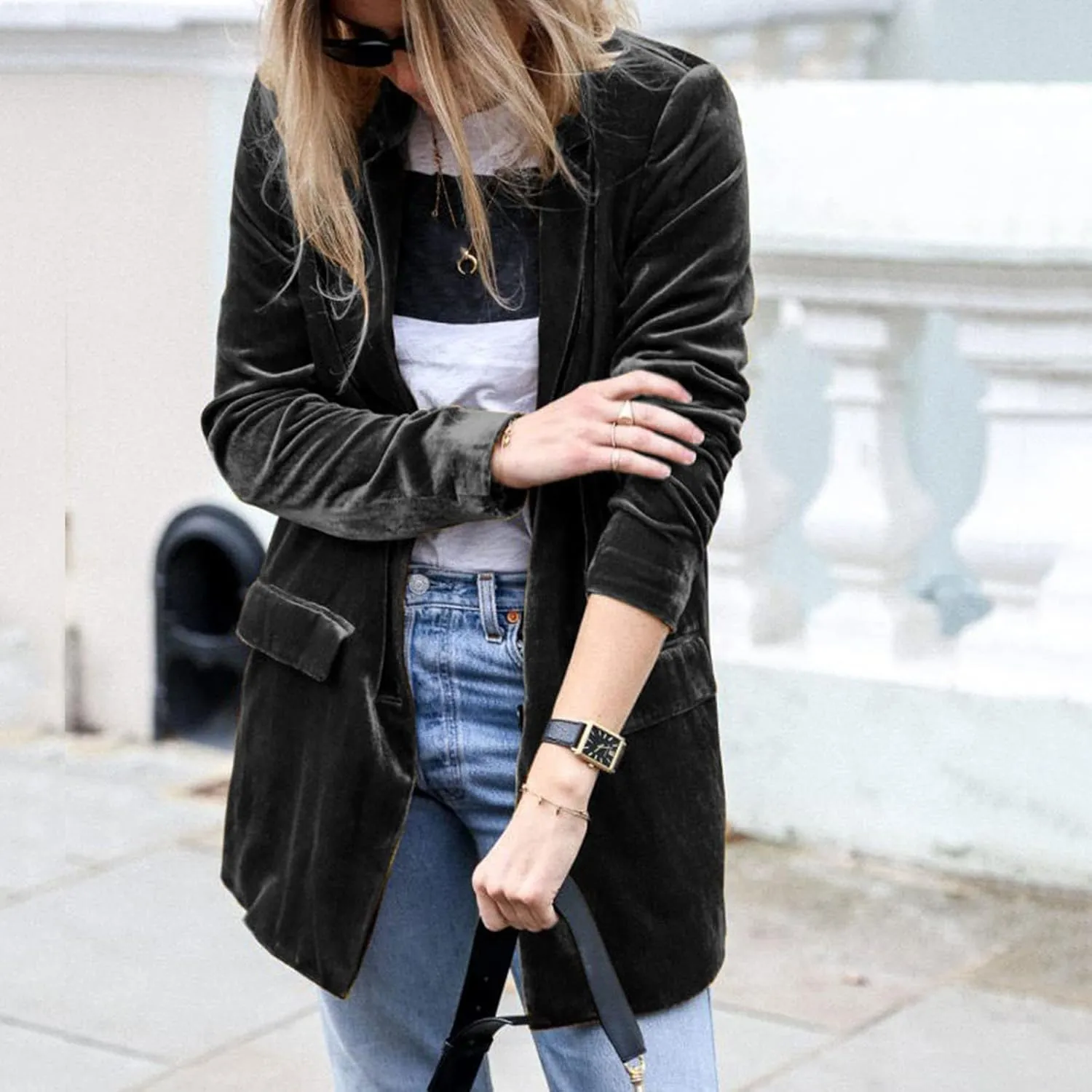 cooki Velvet Blazer Jackets for Women Velvet Trench Coat Open Front Cardigan with Pockets Long Lapel Winter Velvet Soft Coat