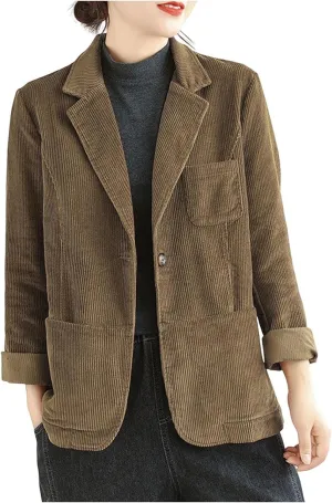 Corduroy Blazer Jackets for Women Business Casual Suit Blazers Long Sleeve Open Front Notched Lapel Collar Coats