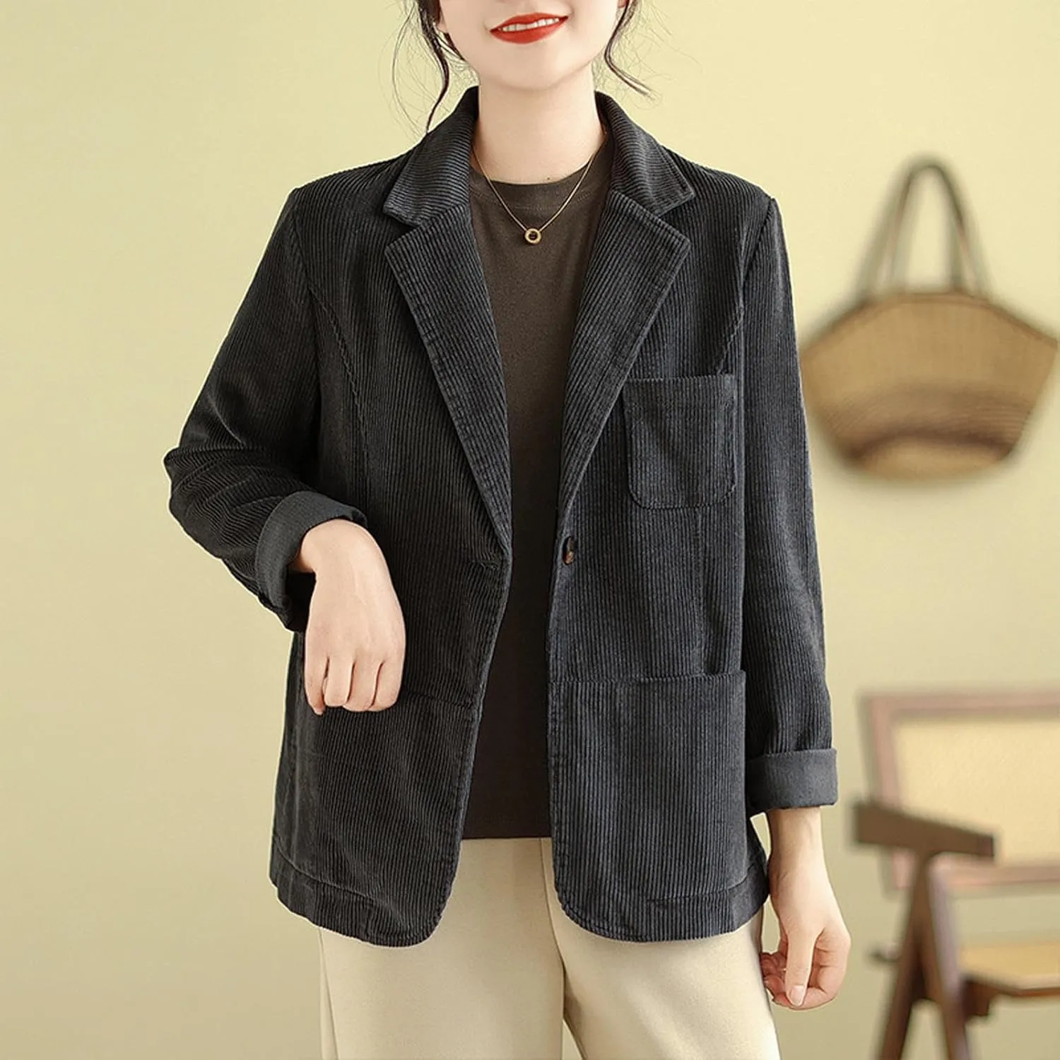 Corduroy Blazer Jackets for Women Business Casual Suit Blazers Long Sleeve Open Front Notched Lapel Collar Coats