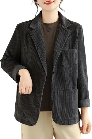 Corduroy Blazer Jackets for Women Business Casual Suit Blazers Long Sleeve Open Front Notched Lapel Collar Coats