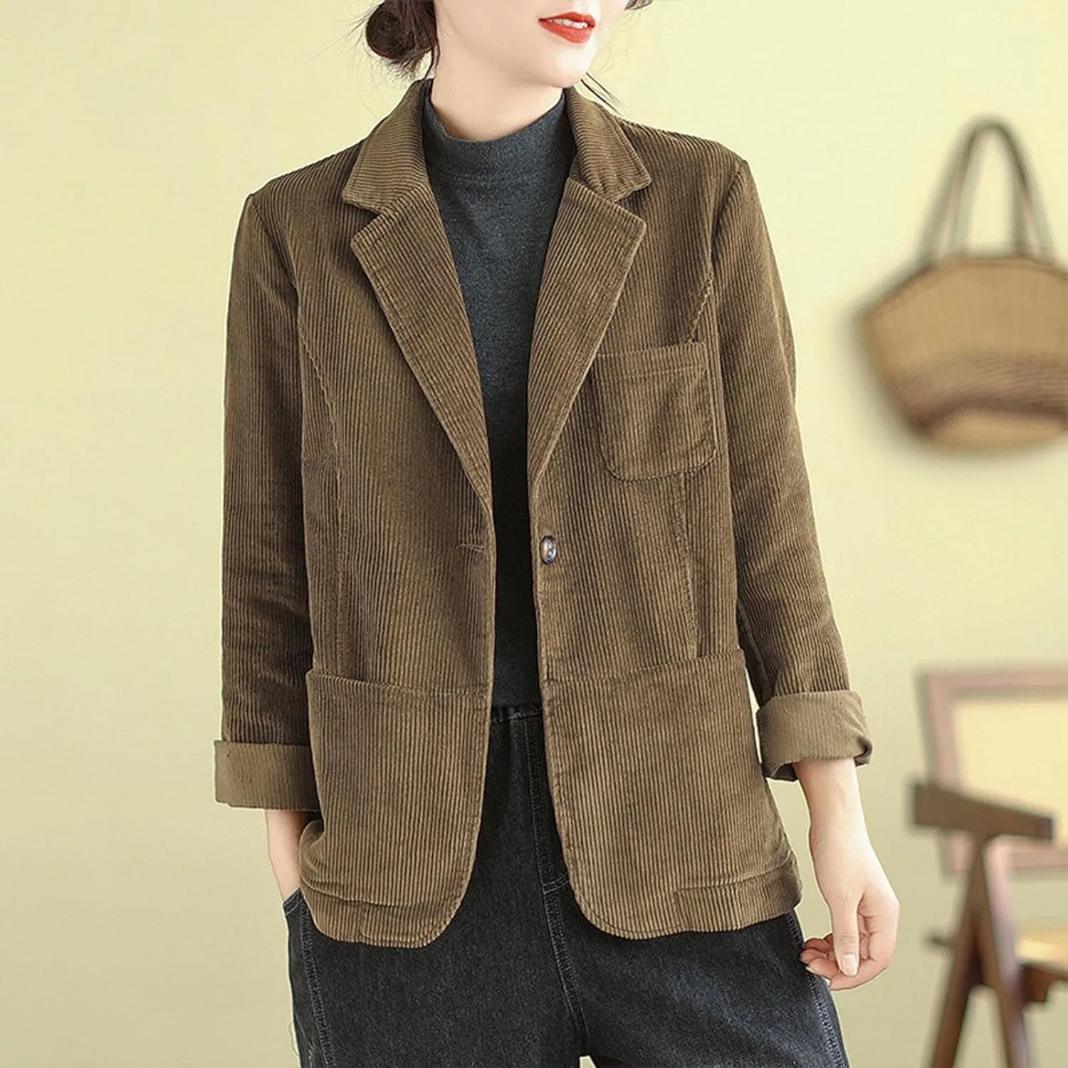 Corduroy Blazer Jackets for Women Business Casual Suit Blazers Long Sleeve Open Front Notched Lapel Collar Coats