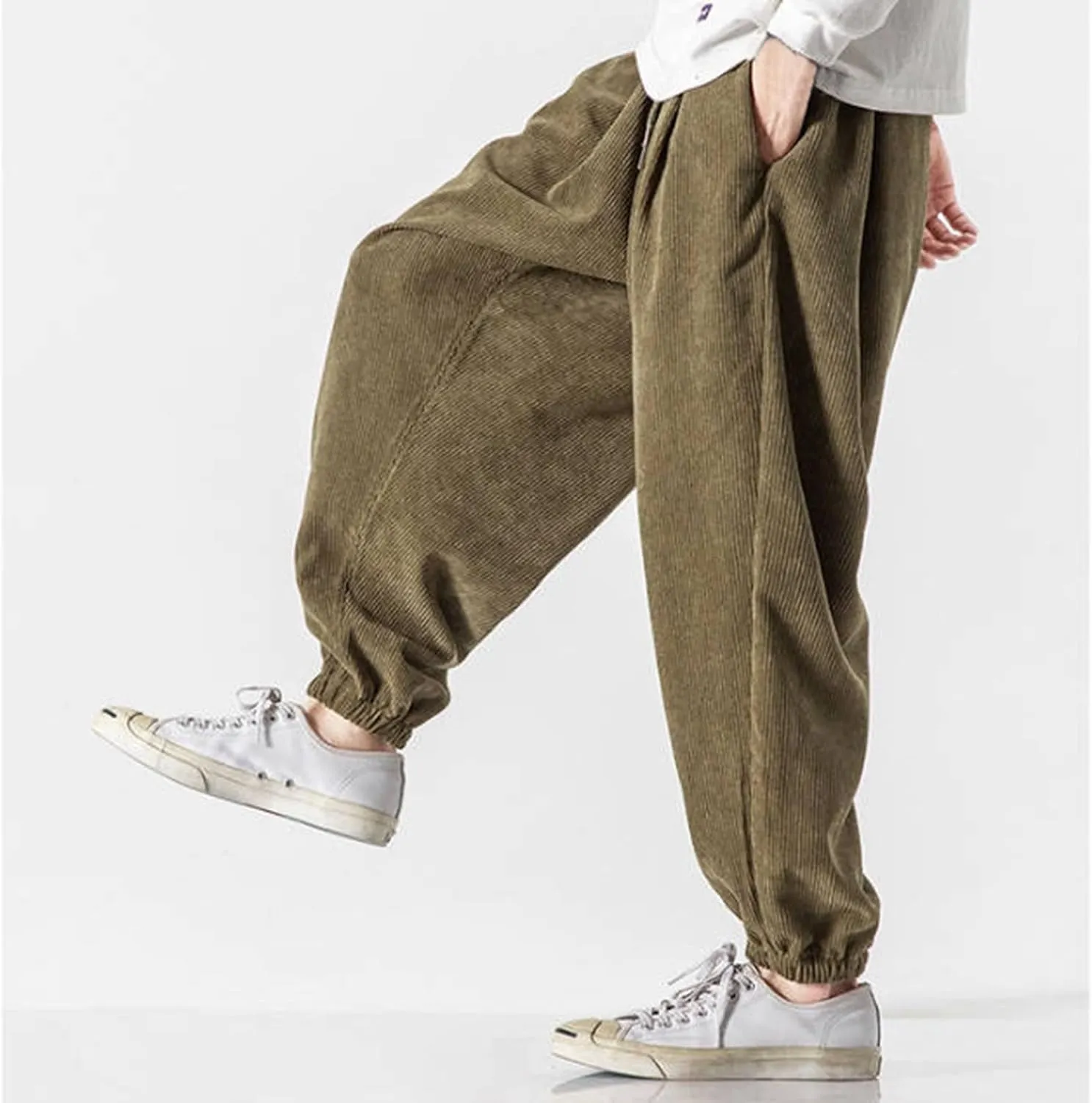 Corduroy Harem Pants for Men Relaxed Fit Plus Size Hip Hop Tapered Trousers Autumn and Winter Loose Fit Stretch Casual Pants