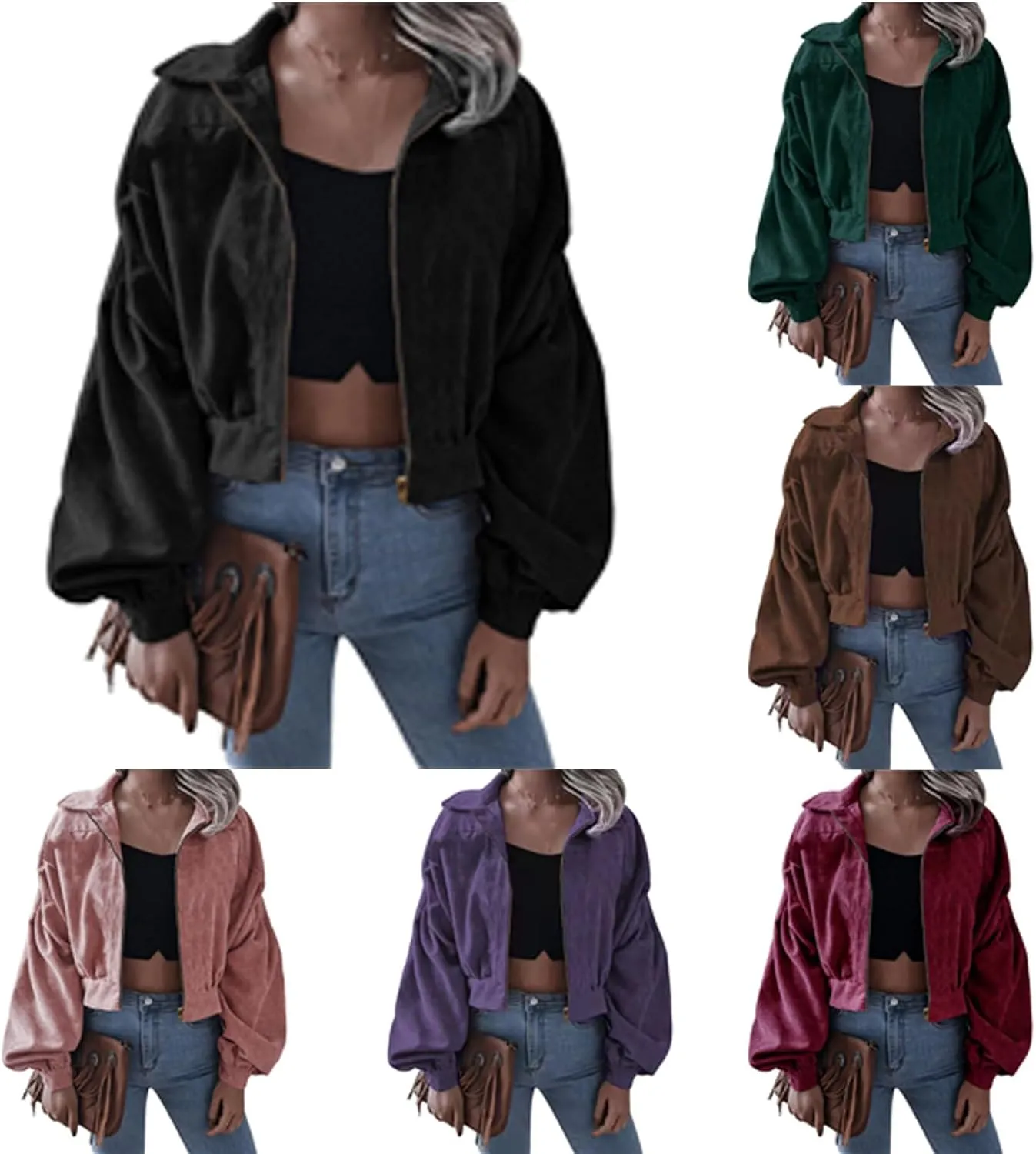Corduroy Jacket Women Cropped Fall Bomber Jackets Loose Button Down&Zipper Lightweight Shacket Loose Casual Cozy Coat