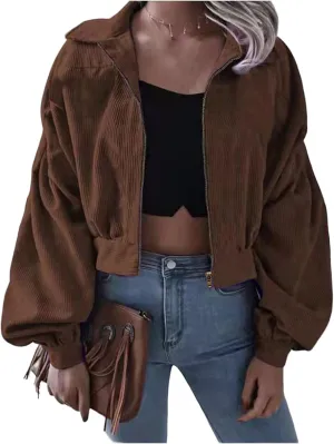 Corduroy Jacket Women Cropped Fall Bomber Jackets Loose Button Down&Zipper Lightweight Shacket Loose Casual Cozy Coat
