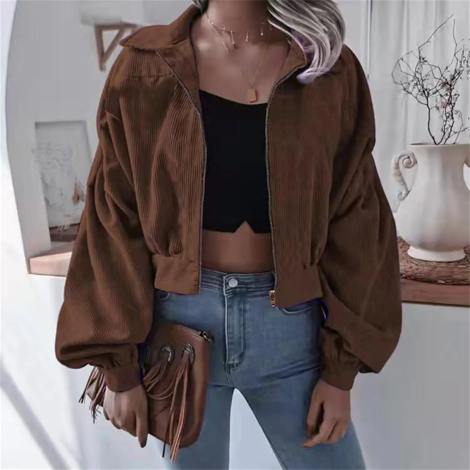 Corduroy Jacket Women Cropped Fall Bomber Jackets Loose Button Down&Zipper Lightweight Shacket Loose Casual Cozy Coat