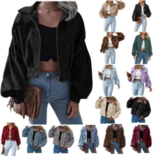 Corduroy Jacket Women Cropped Fall Bomber Jackets Loose Button Down&Zipper Lightweight Shacket Loose Casual Cozy Coat
