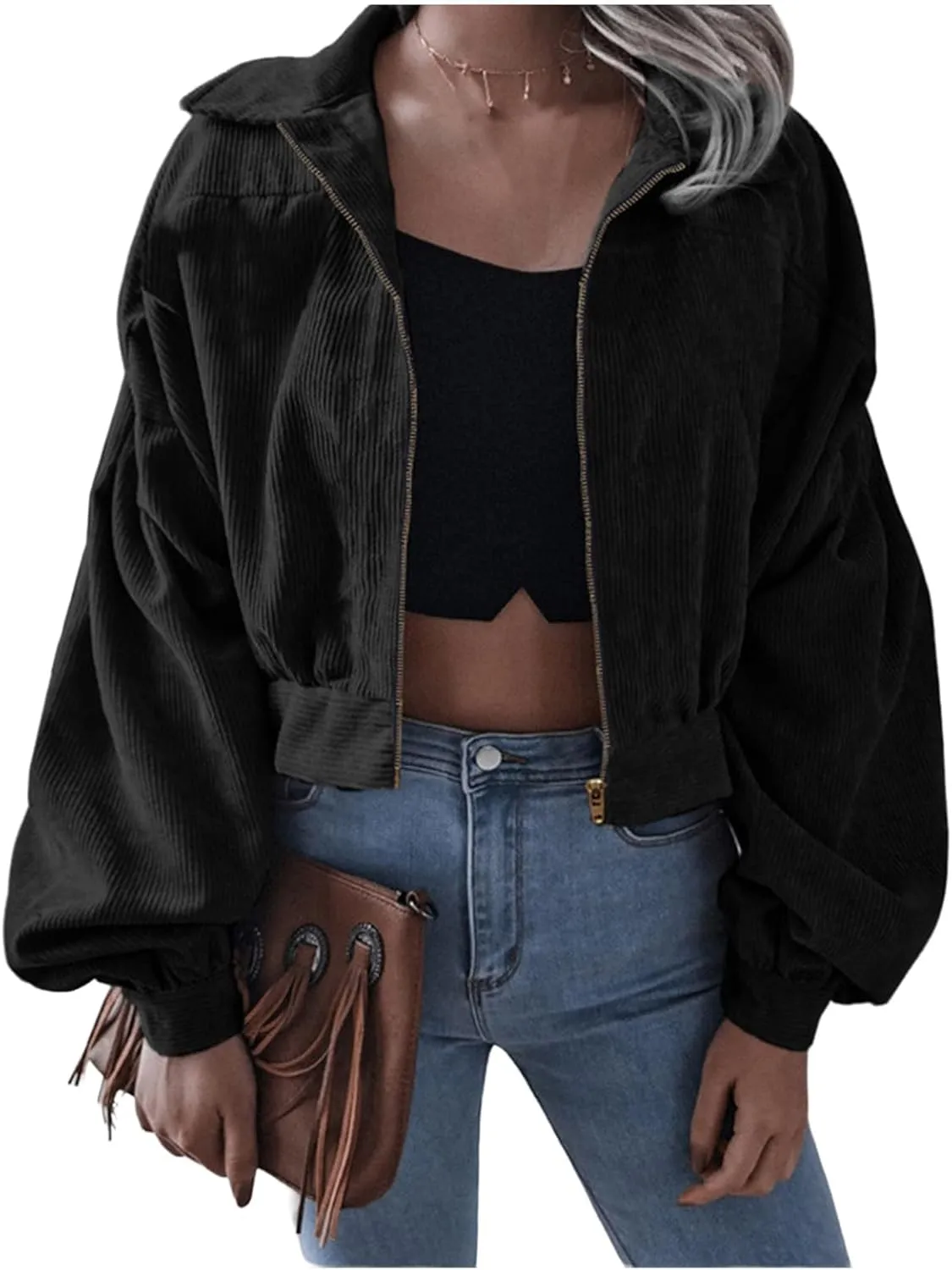Corduroy Jacket Women Cropped Fall Bomber Jackets Loose Button Down&Zipper Lightweight Shacket Loose Casual Cozy Coat