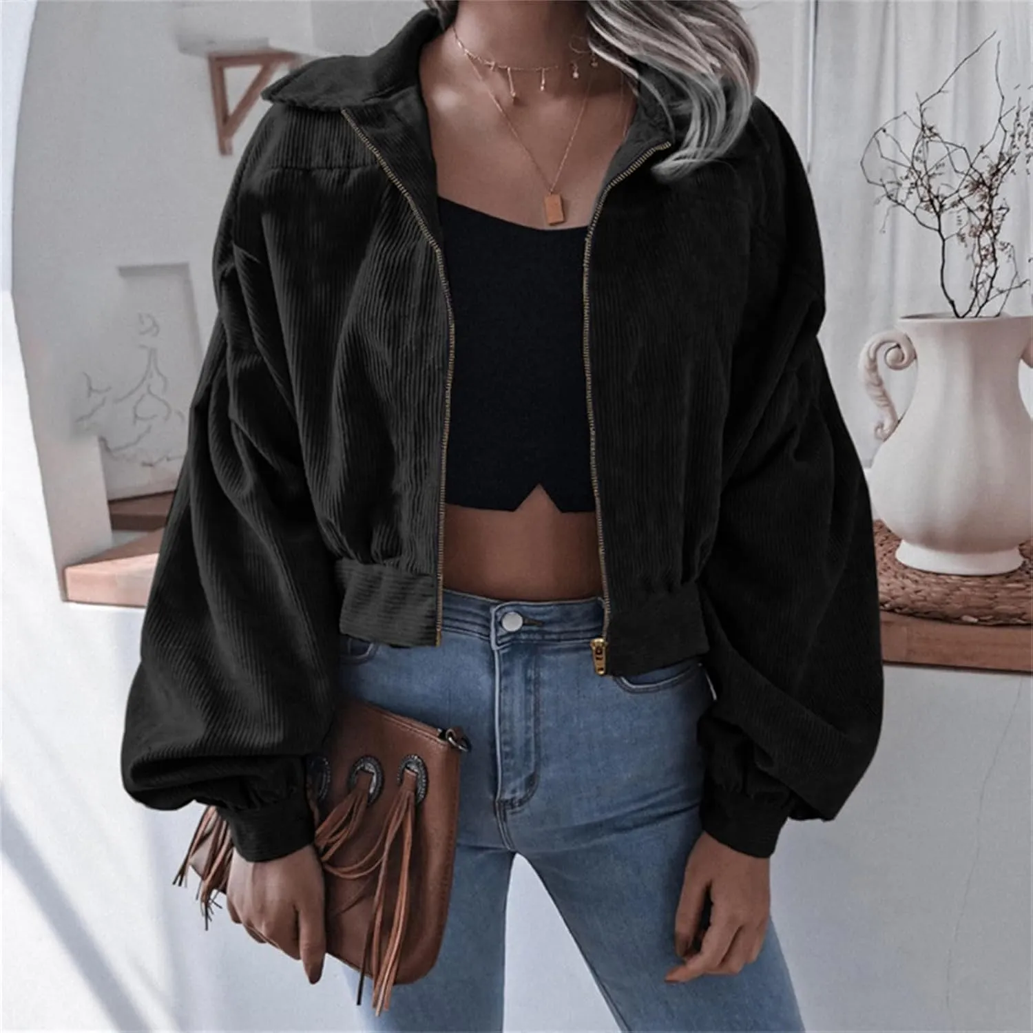 Corduroy Jacket Women Cropped Fall Bomber Jackets Loose Button Down&Zipper Lightweight Shacket Loose Casual Cozy Coat