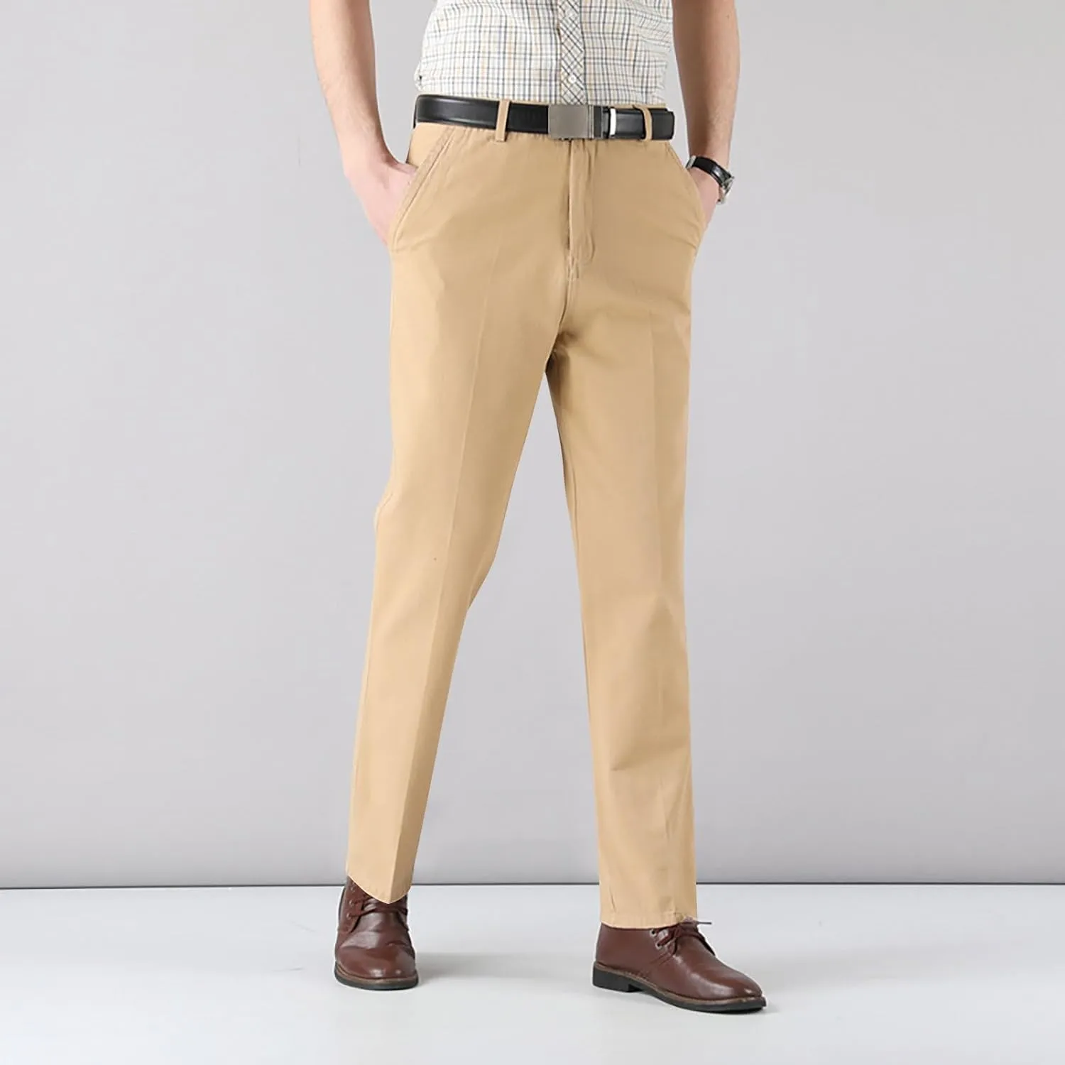 Cotton Mens Chinos Pants with Belt Slim Fit Casual Work Pants for Men with Pockets for Office and Daily Wear Slacks