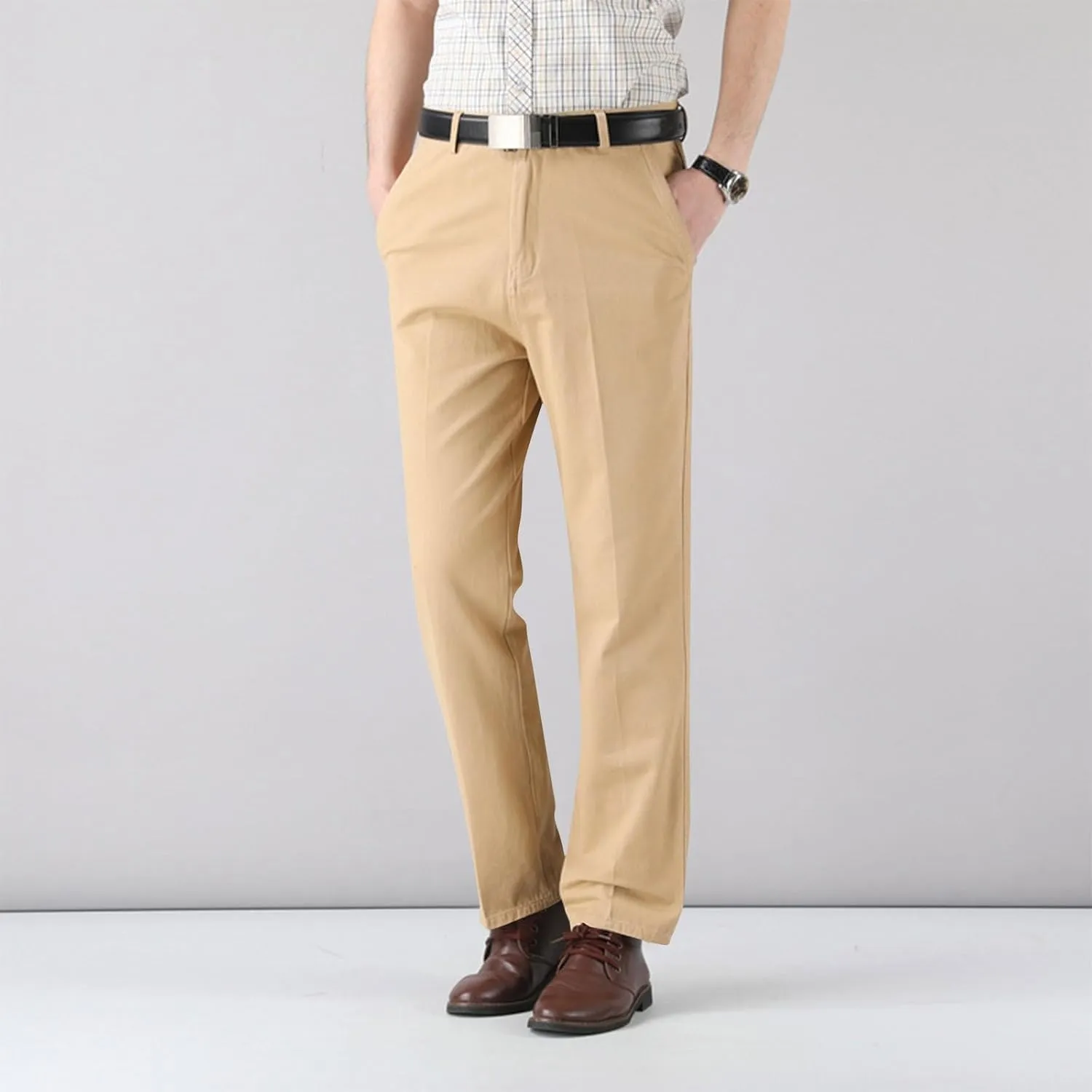 Cotton Mens Chinos Pants with Belt Slim Fit Casual Work Pants for Men with Pockets for Office and Daily Wear Slacks