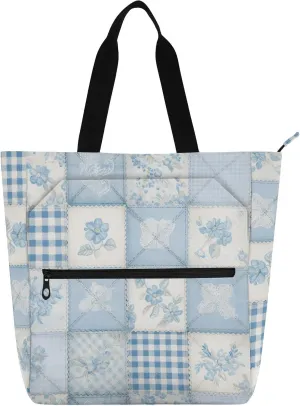 Decorative Books Totes Book Bag for Kids Students Adults, Light Blue White Buffalo Plaid Check Flowers Waterproof Reusable Grocery Beach Bag with Zipper for School Shopping Grocery Rainbow
