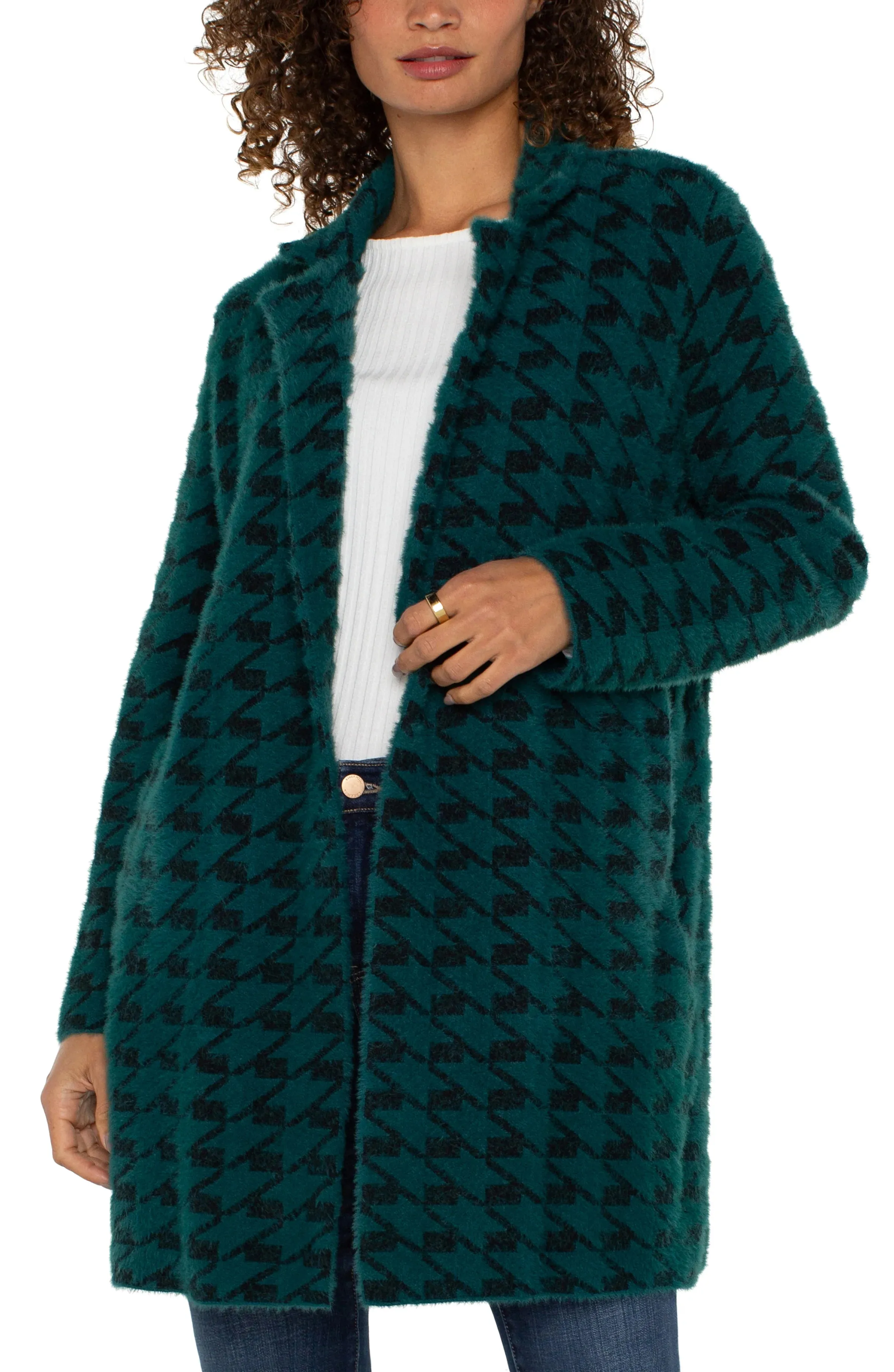 Didi Dark Forest Houndstooth Open Front Coatigan Sweater - Liverpool Los Angeles LM8487SW34