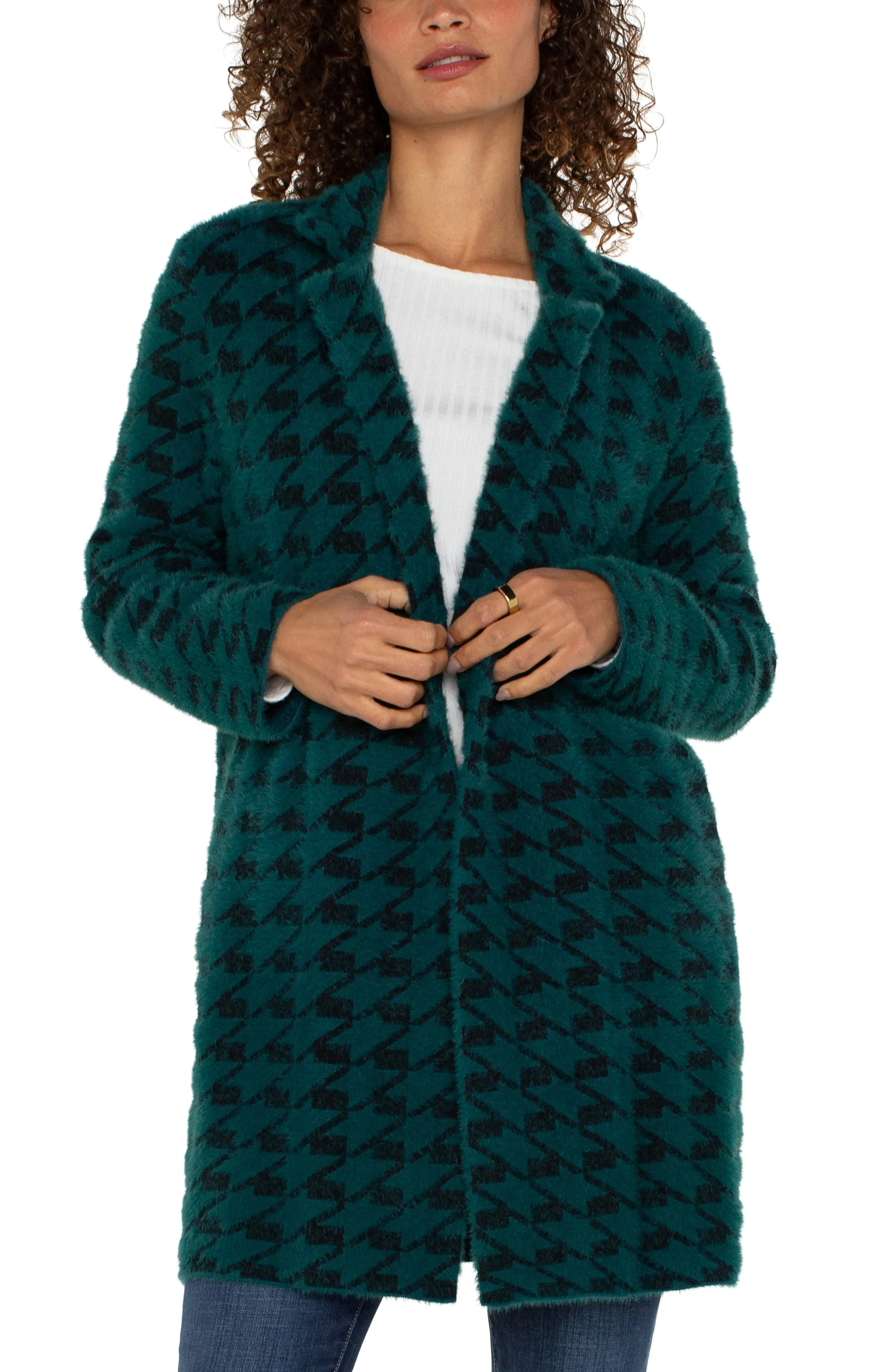 Didi Dark Forest Houndstooth Open Front Coatigan Sweater - Liverpool Los Angeles LM8487SW34