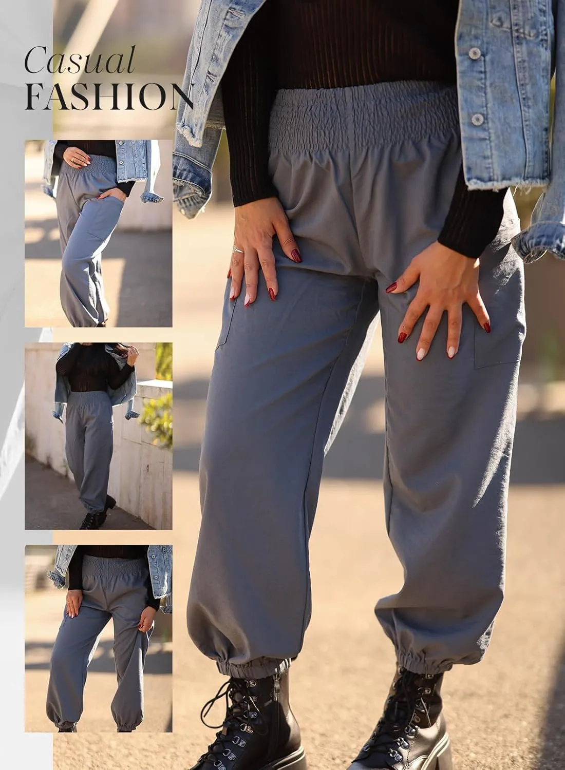 Dokotoo Womens Summer Boho Business Casual Smocked 2025 High Waisted Cargo Summer Long Elephant Pants with Pockets