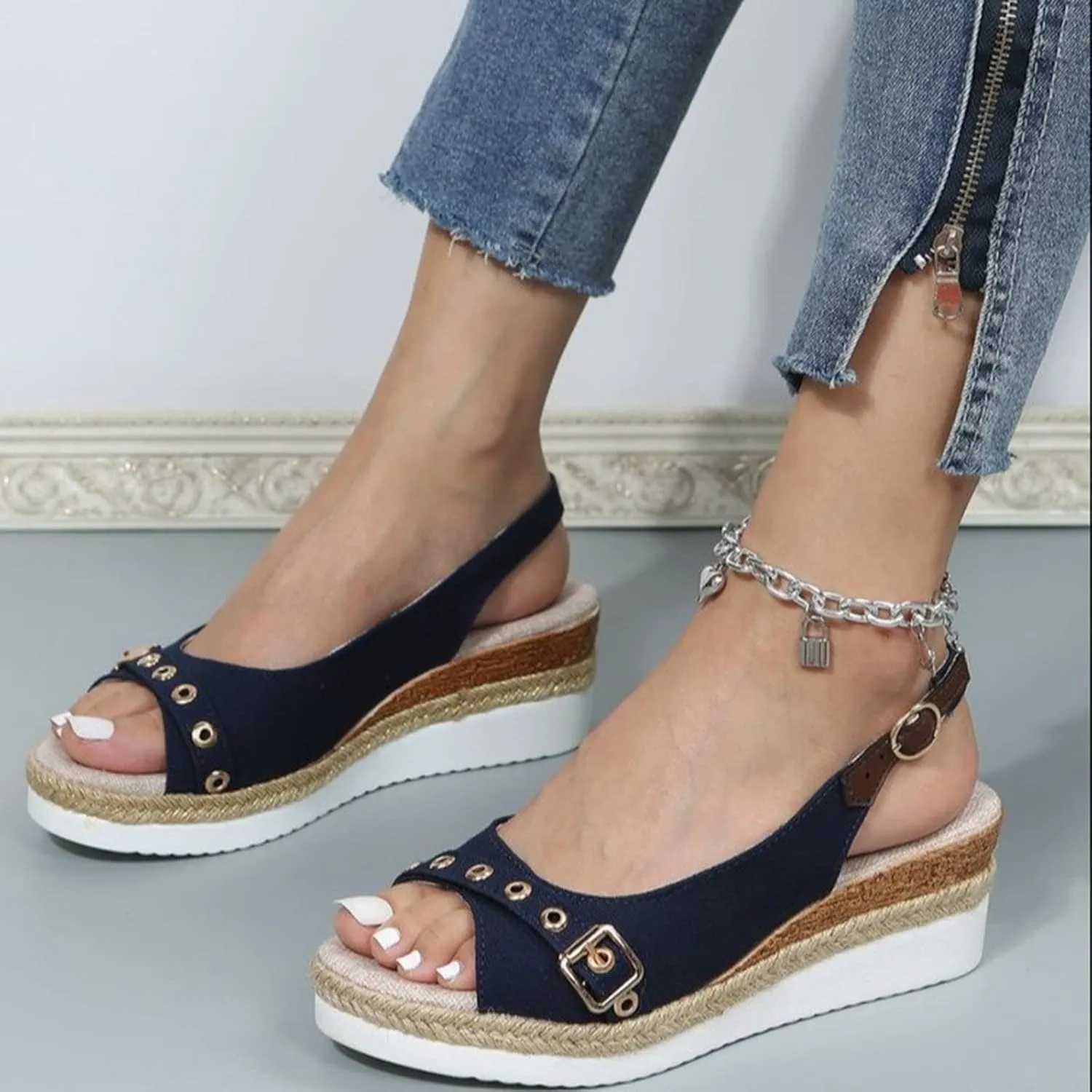 Eduavar Sandals for Women 2025 Summer Open Toe Slingback Wedges Double Strap Block Low Heel Sandals Classic Dress Shoes